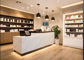 Eleganckie wnętrze usługowe z zabudową meblową